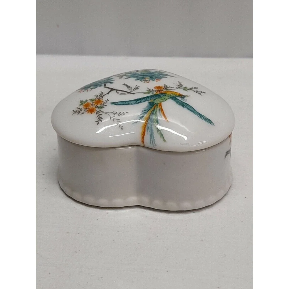 Vtg Chinese Asian Heart Shaped Porcelain Trinket Box Floral Bird Peacock